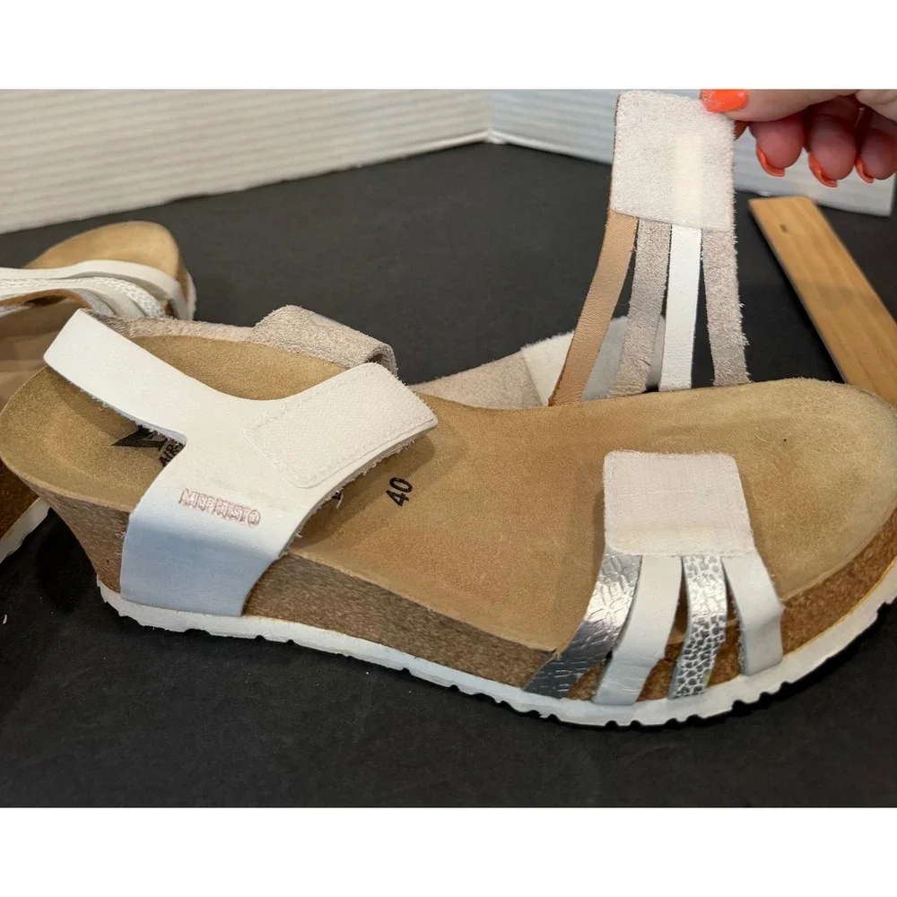 Mephisto Lucia White Silver Leather Cork Slingback Wedge Sandals Sz 9.5 EU 40